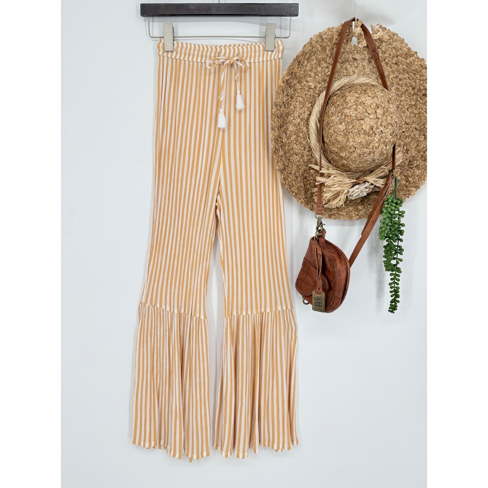Skylar + Madison Yellow‎ White Striped Ruffle Flare Leg Bell Bottom Pants Small